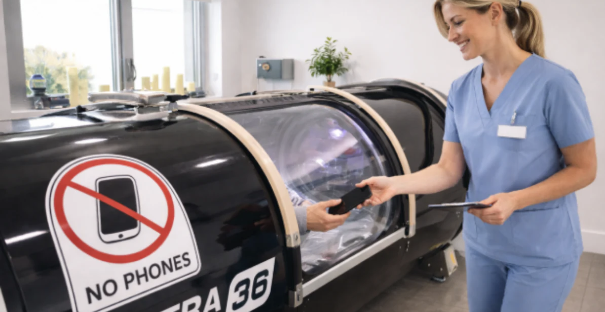 Hyperbaric chamber with a No Phones warning sign and technician collecting a patient's phone before treatment