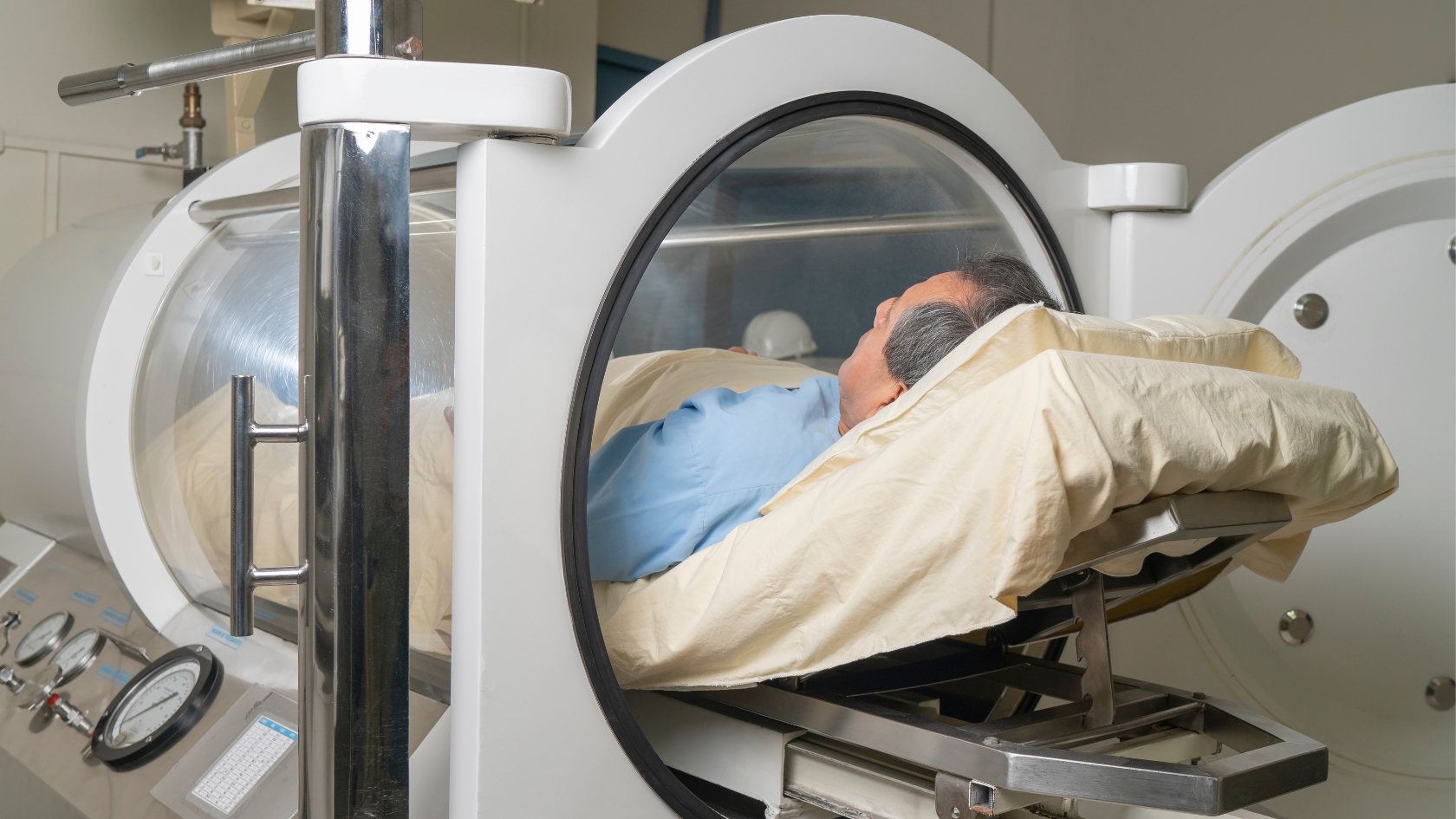 Hyperbaric oxygen chamber — expensive clinical equipment requiring insurance coverage